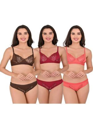Women's Lace Bra And Panty Set – Pack of 3 (Brown, Maroon, Peach)