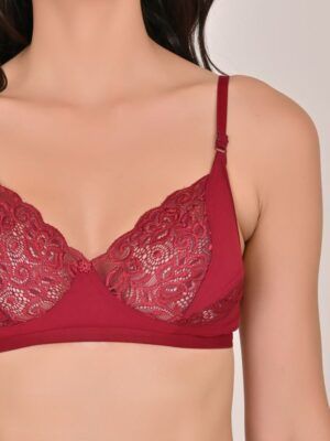 Maroon Lace Bra & Panty Set – Wire-Free, Non-Padded, Soft Lace Design (Pack of 1)