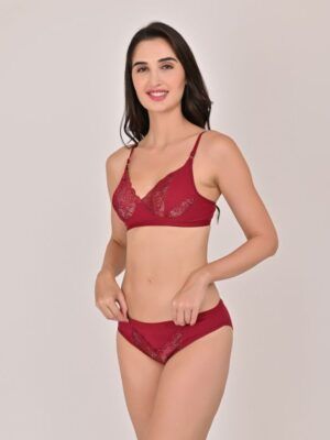 Maroon Lace Bra & Panty Set – Wire-Free, Non-Padded, Soft Lace Design (Pack of 1)
