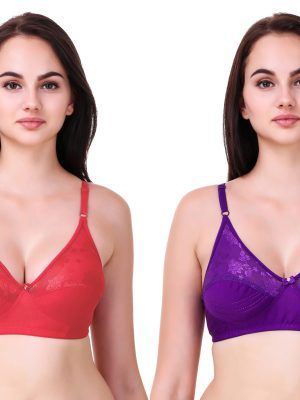 Women’s Non-Wired Cotton Lace Bra – Pack of 2 (Gajri & Purple) – Everyday Comfort