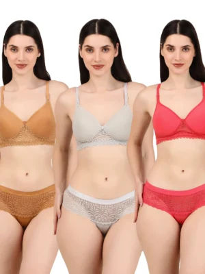 Women’s Non-Wired Seamless Padded Bra & Lace Panty Set – Everyday Comfort (Pack of 3)