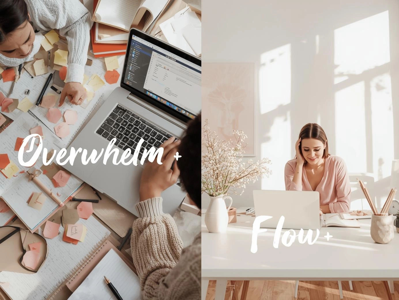 Split screen comparison: overwhelm vs flow