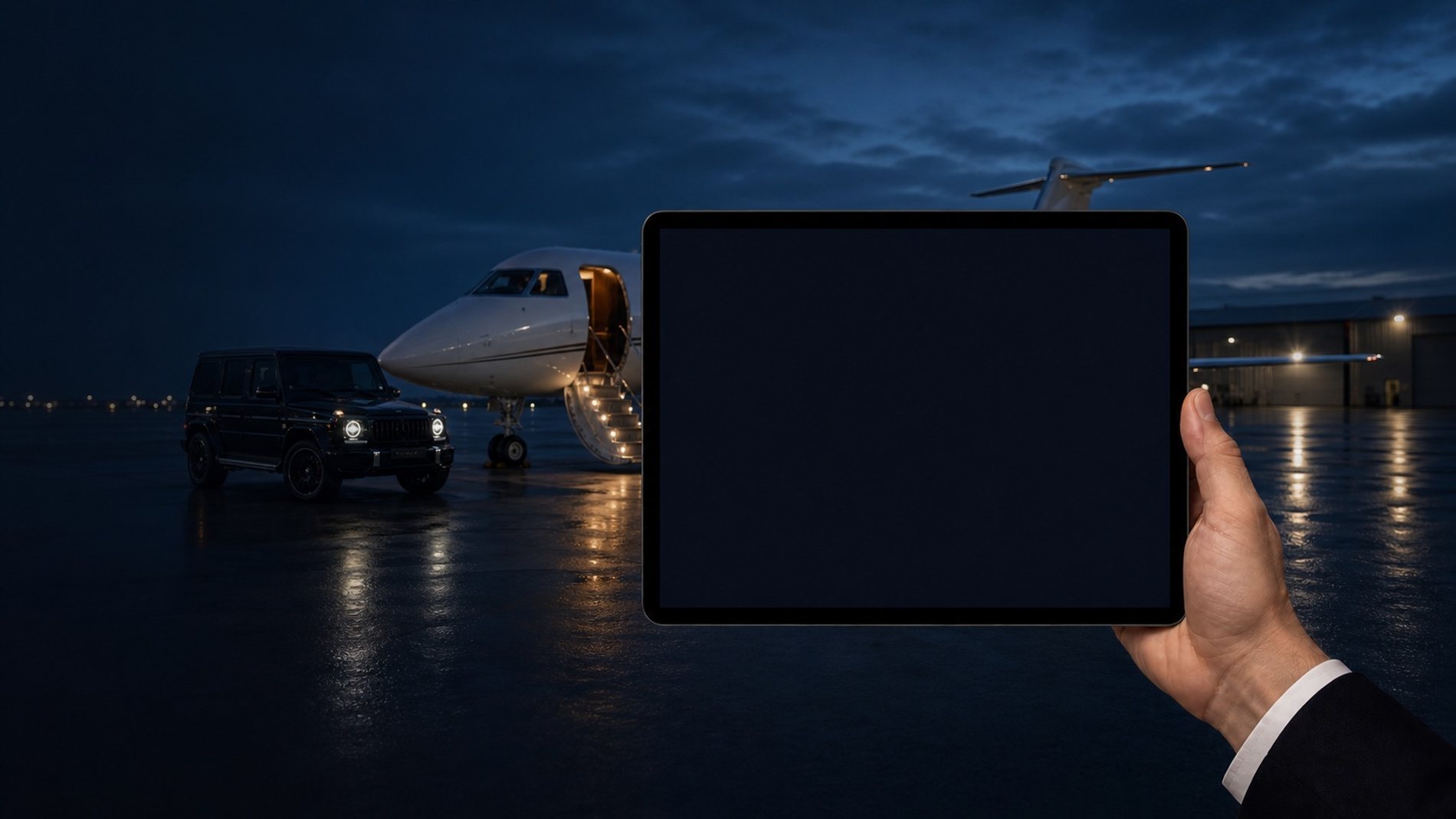 An executive finishing work on a landscape tablet beside a private jet and a black G-Wagon