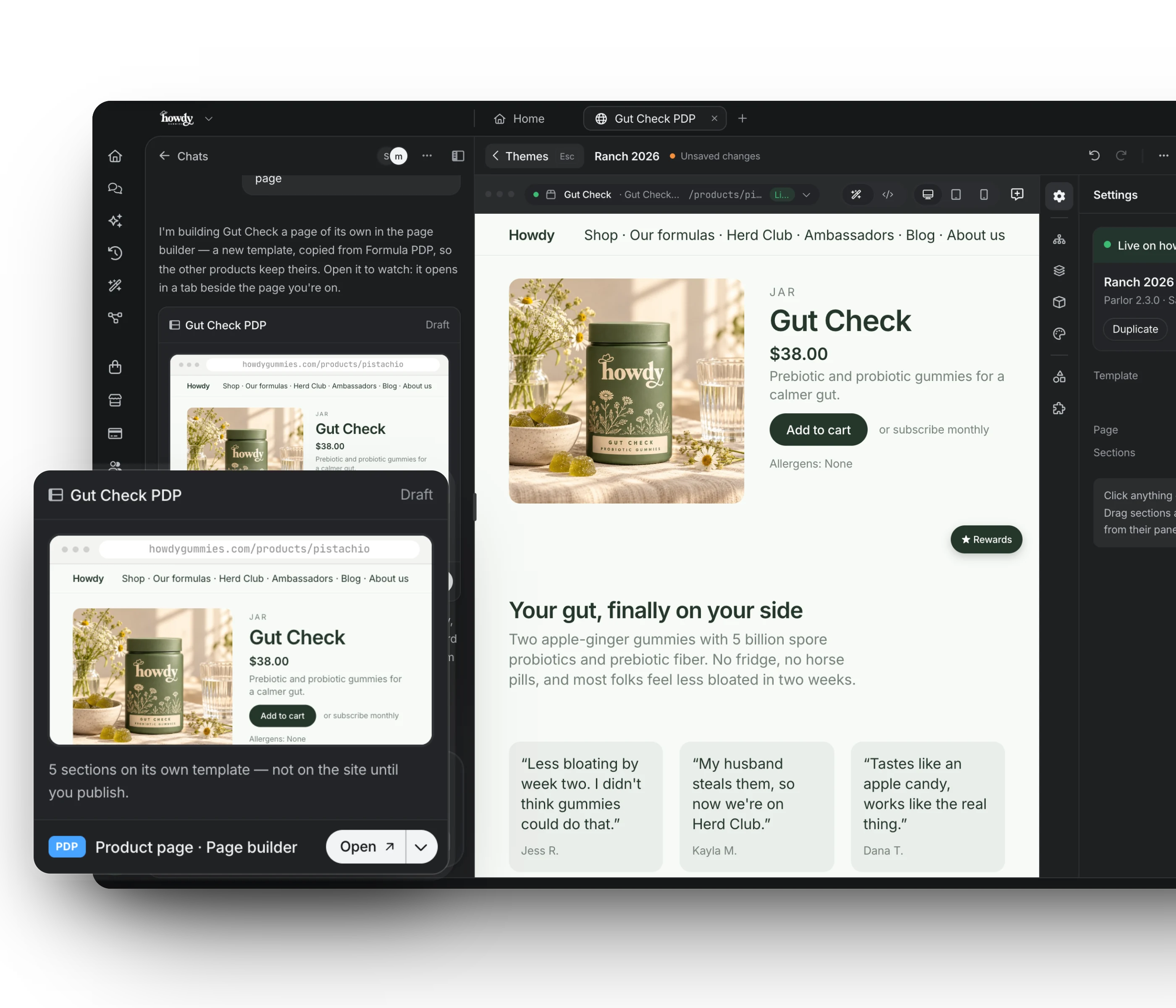 Fluid building a new product page for Howdy’s Gut Check in the page builder, ready to publish