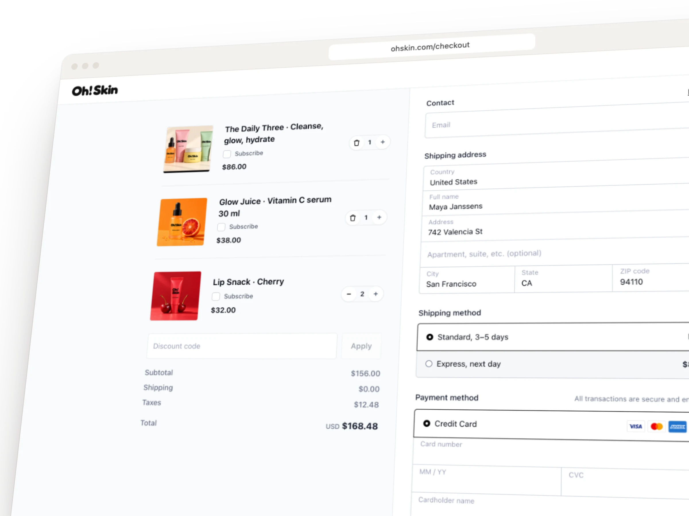 The Oh! Skin checkout: cart, contact, shipping and payment on one page