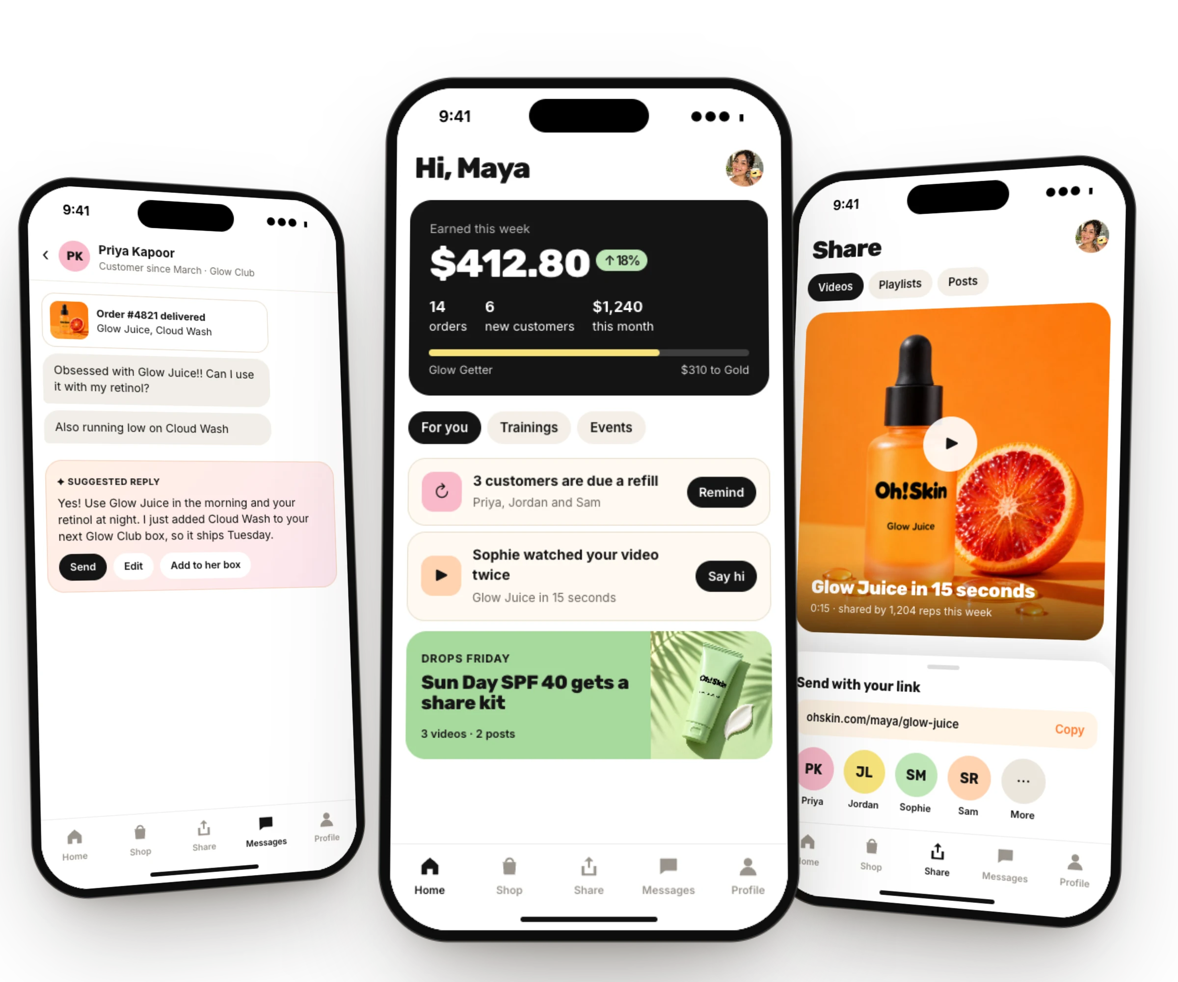 The Oh! Skin rep app on three phones: messages, Maya’s week and sharing with her link