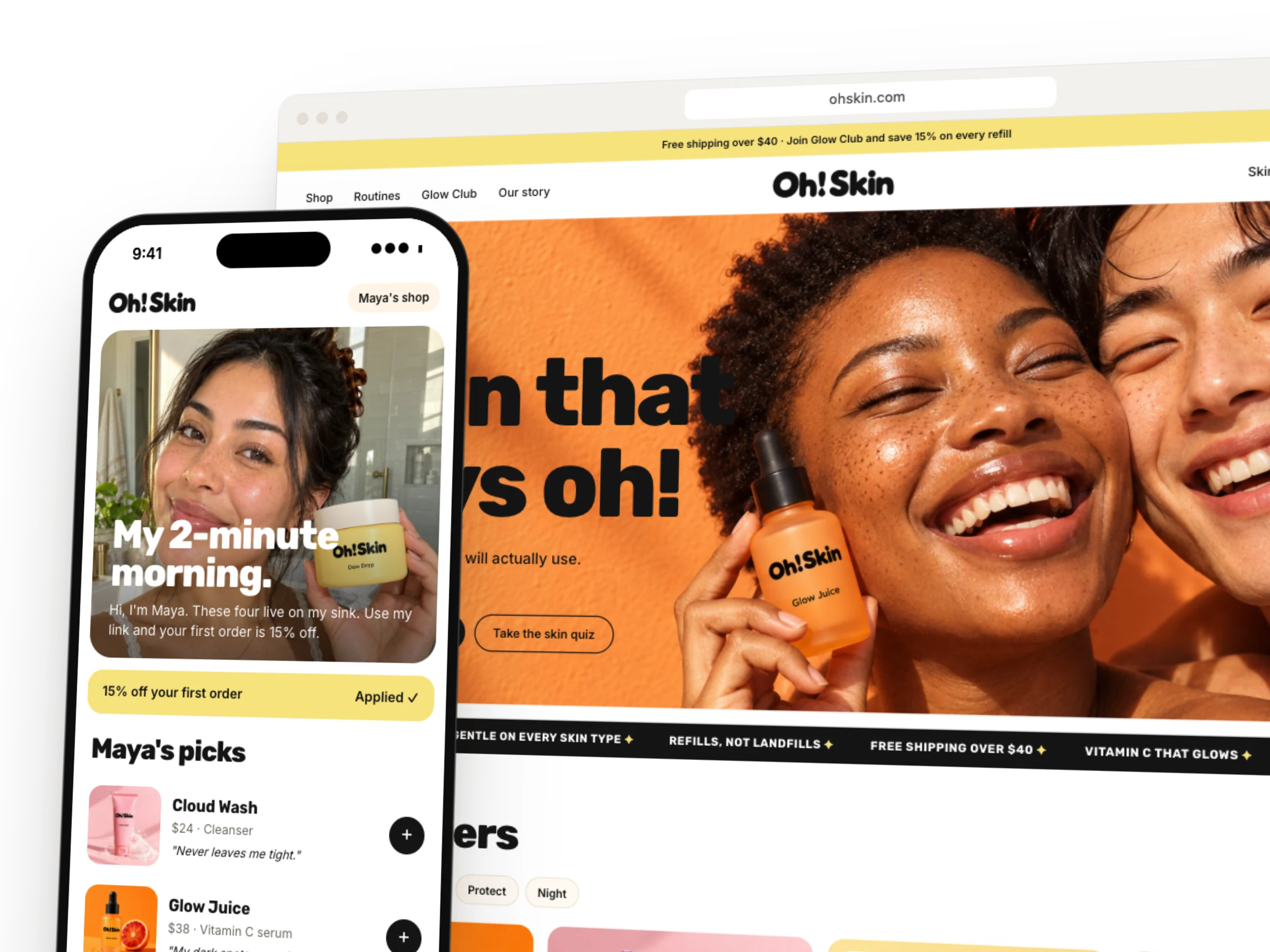 The Oh! Skin storefront in a browser, with Maya’s own shop on her phone