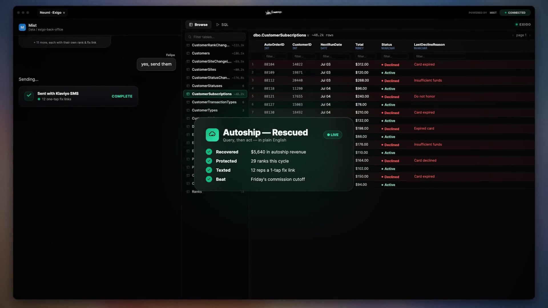 Recorded Fluid workspace showing subscriptions and an autoship recovery result.