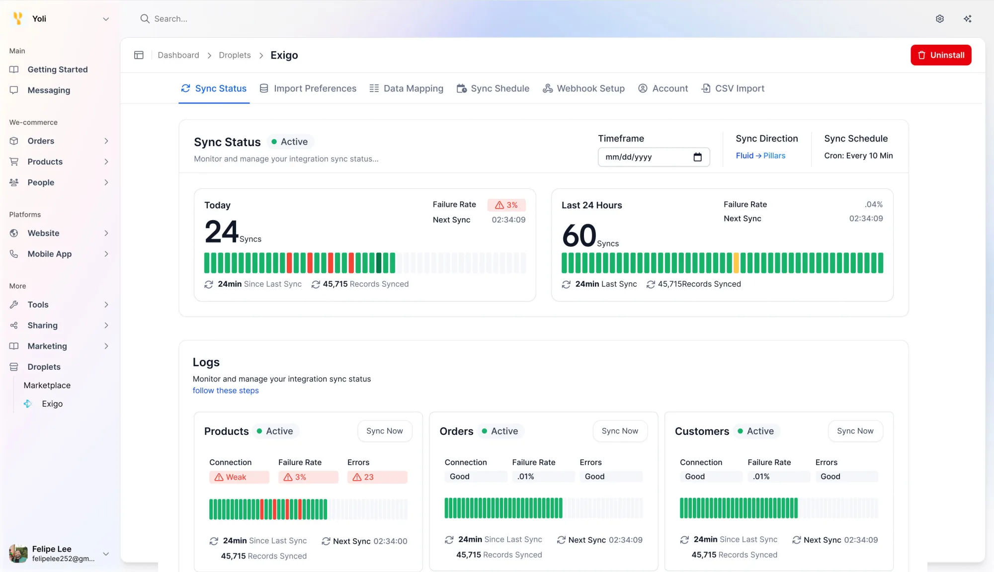 Fluid Connect sync dashboard