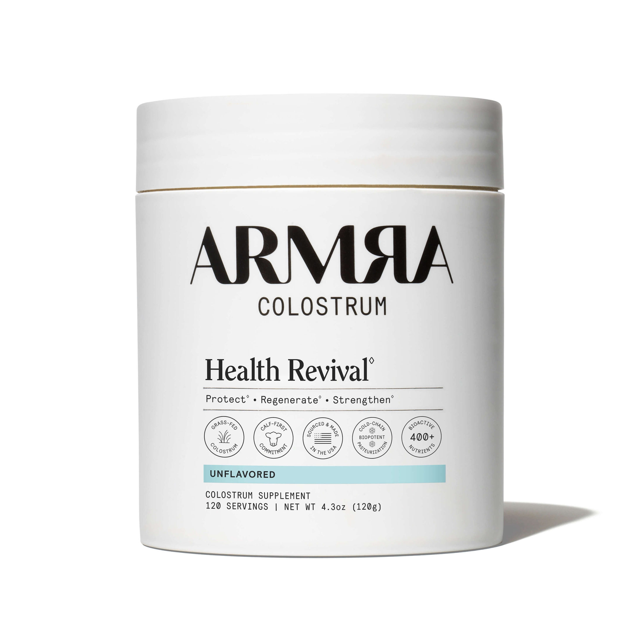 ARMRA Colostrum jar, unflavored — grass-fed, calf-first, made in the USA, 400+ nutrients