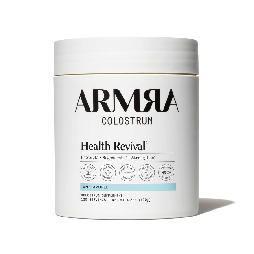ARMRA Colostrum jar — the wordmark and the ingredient locked together