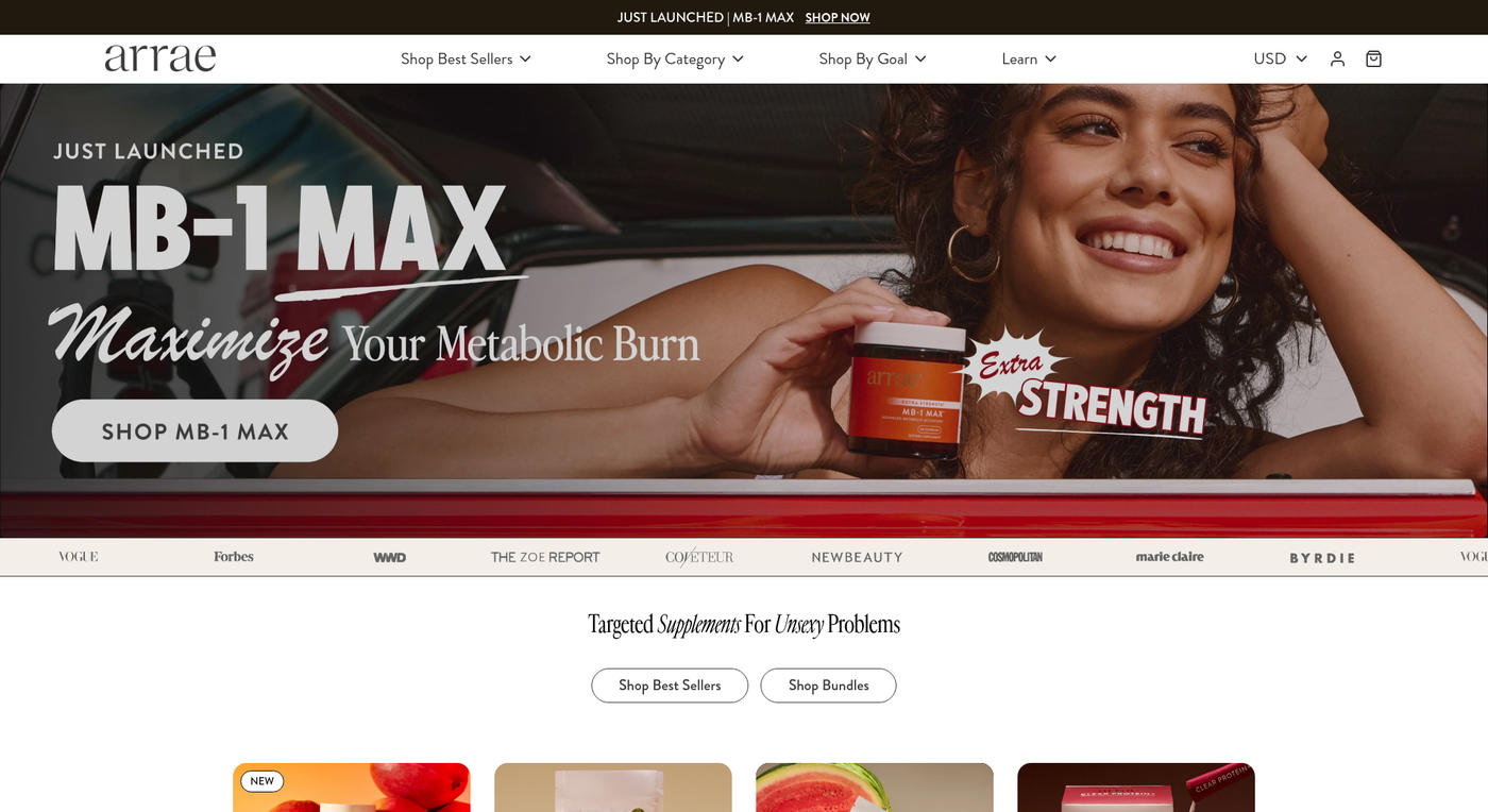 Arrae homepage on July 14 2026: MB-1 MAX hero, press logo bar, tagline 'Targeted Supplements For Unsexy Problems'