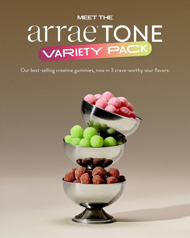 Arrae Tone Variety Pack creative — creatine gummies in three sour flavors