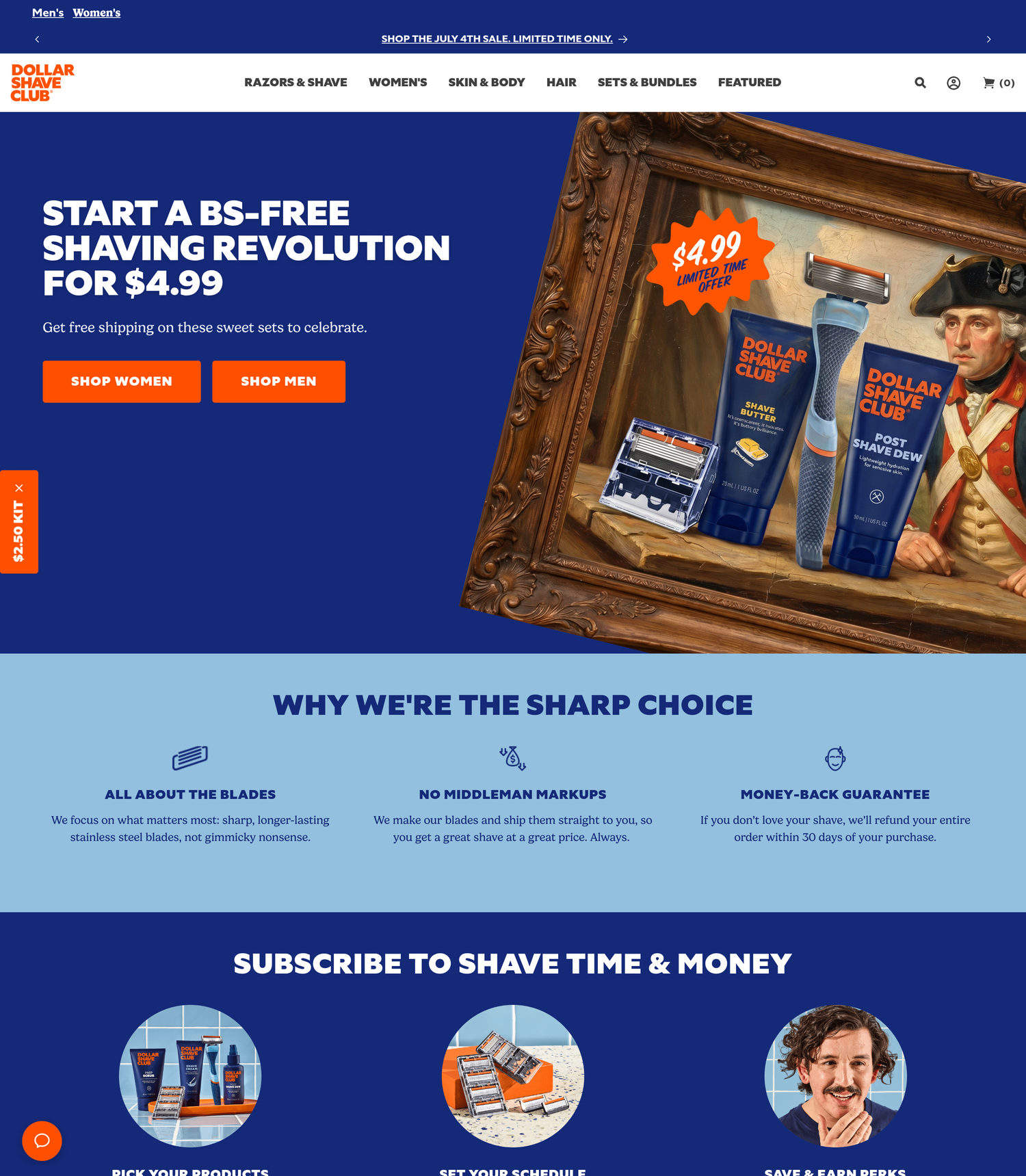 Dollar Shave Club homepage: 'Start a BS-free shaving revolution for $4.99,' a George-Washington oil-painting gag, a 'why we're the sharp choice' row, and a subscribe section