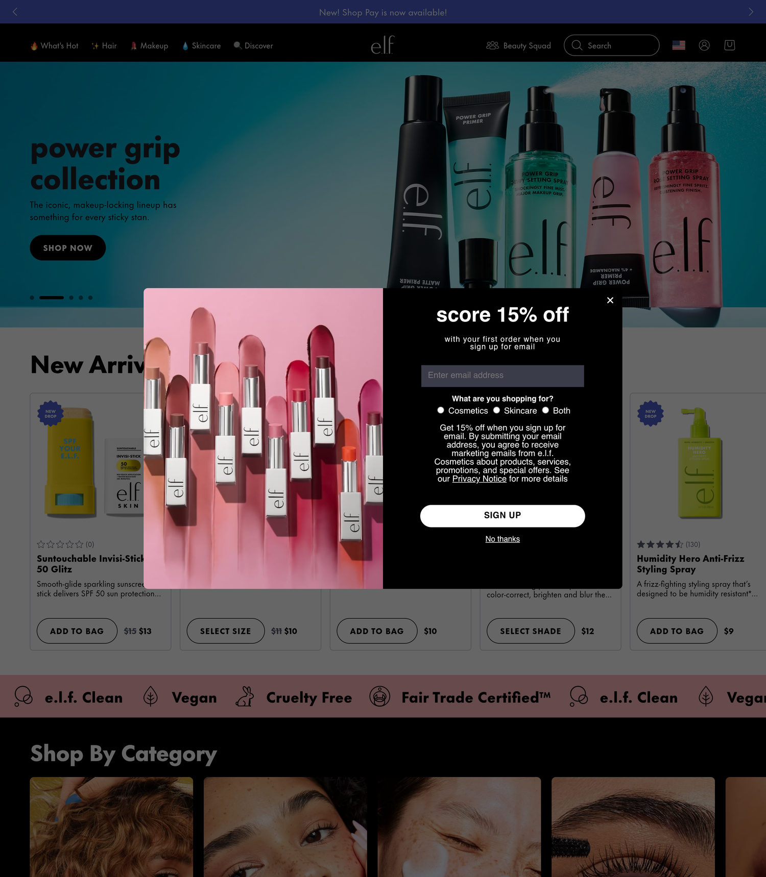 e.l.f. Cosmetics homepage: playful copy, a clean/vegan/cruelty-free values ticker, Beauty Squad loyalty