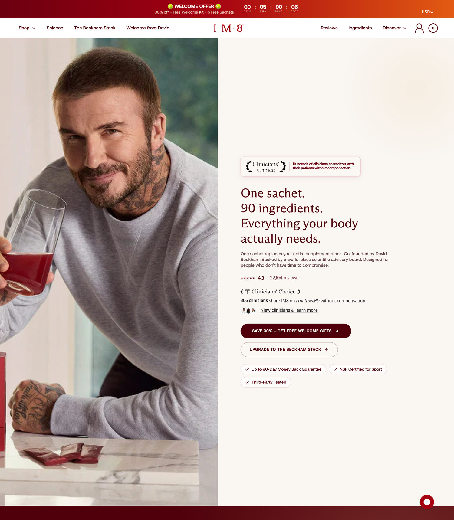IM8 homepage: David Beckham hero, One sachet 90 ingredients, Clinicians Choice