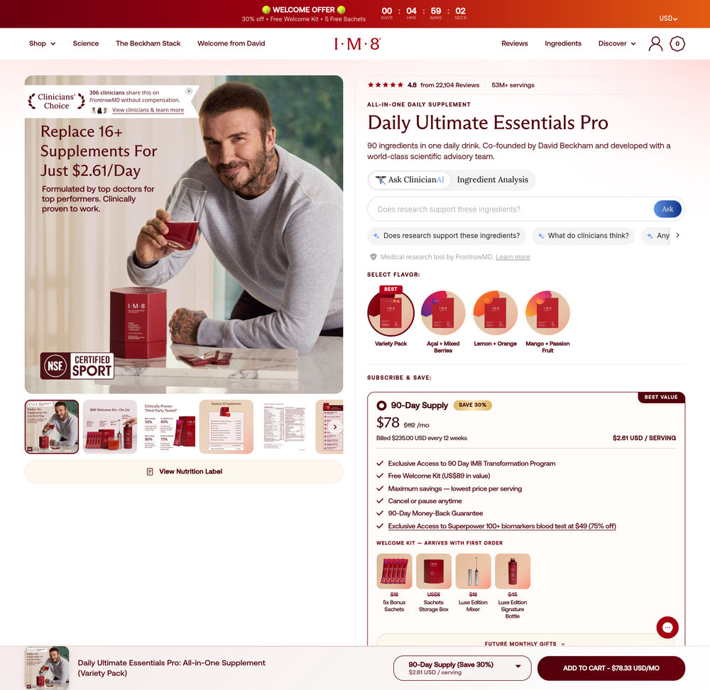 IM8 product page: $78/mo subscription, welcome kit value stack