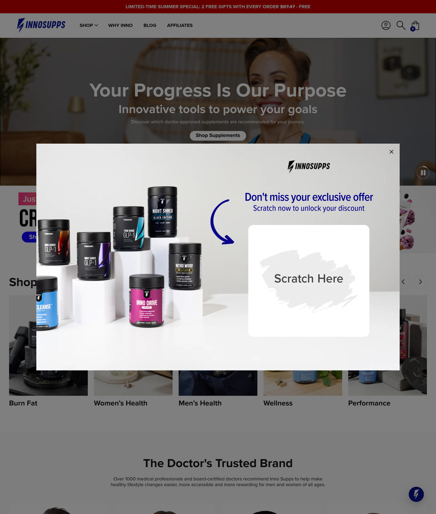 Inno Supps homepage: discount bar, scratch-to-win popup, doctor-trusted messaging