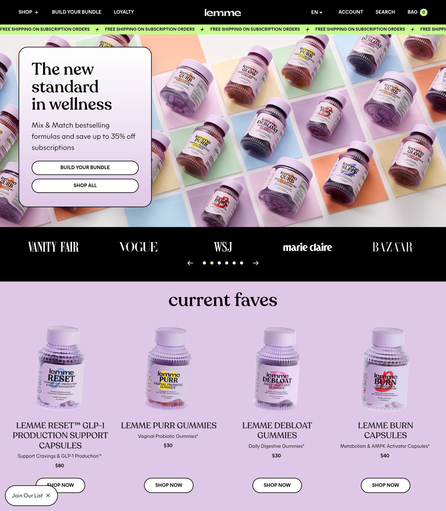 Lemme homepage: pastel gummy grid, Build Your Bundle, press bar