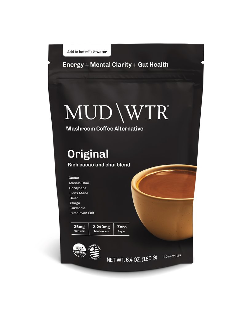 MUD\WTR Original pouch beside a warm cup of the drink