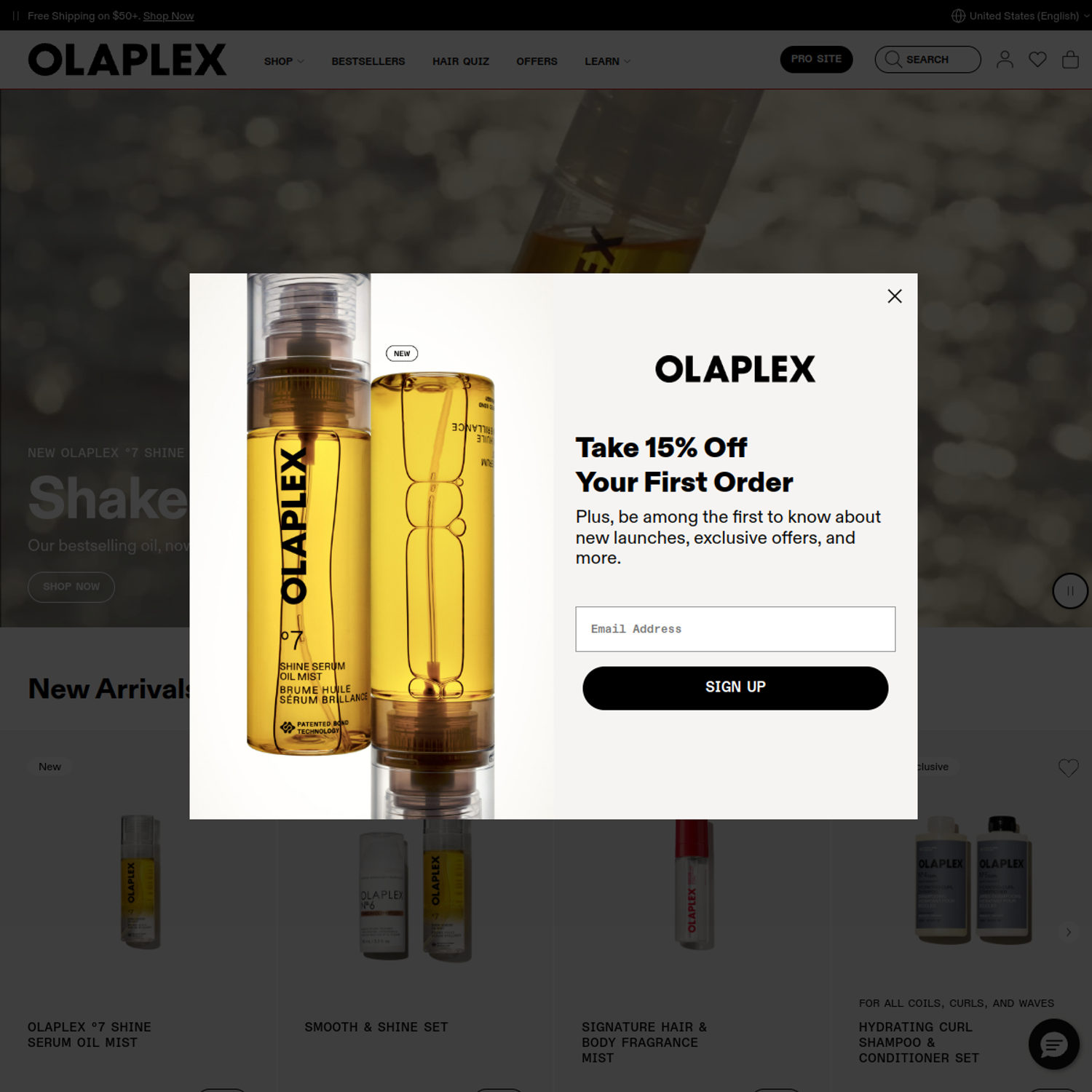 Olaplex homepage: Nº.7 bonding oil, a PRO SITE link for stylists, numbered products and a hair quiz