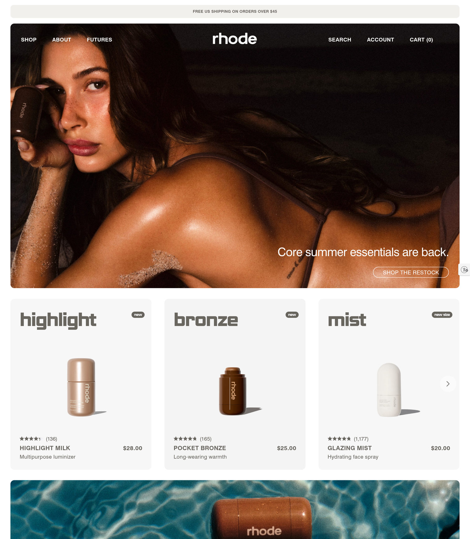 Rhode homepage: Hailey Bieber as the hero image, Core summer essentials restock