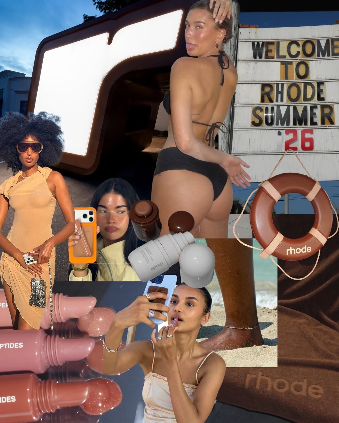 Rhode Summer 26 experiential collage: the Welcome to Rhode Summer '26 sign, pop-up stations, product and beach imagery