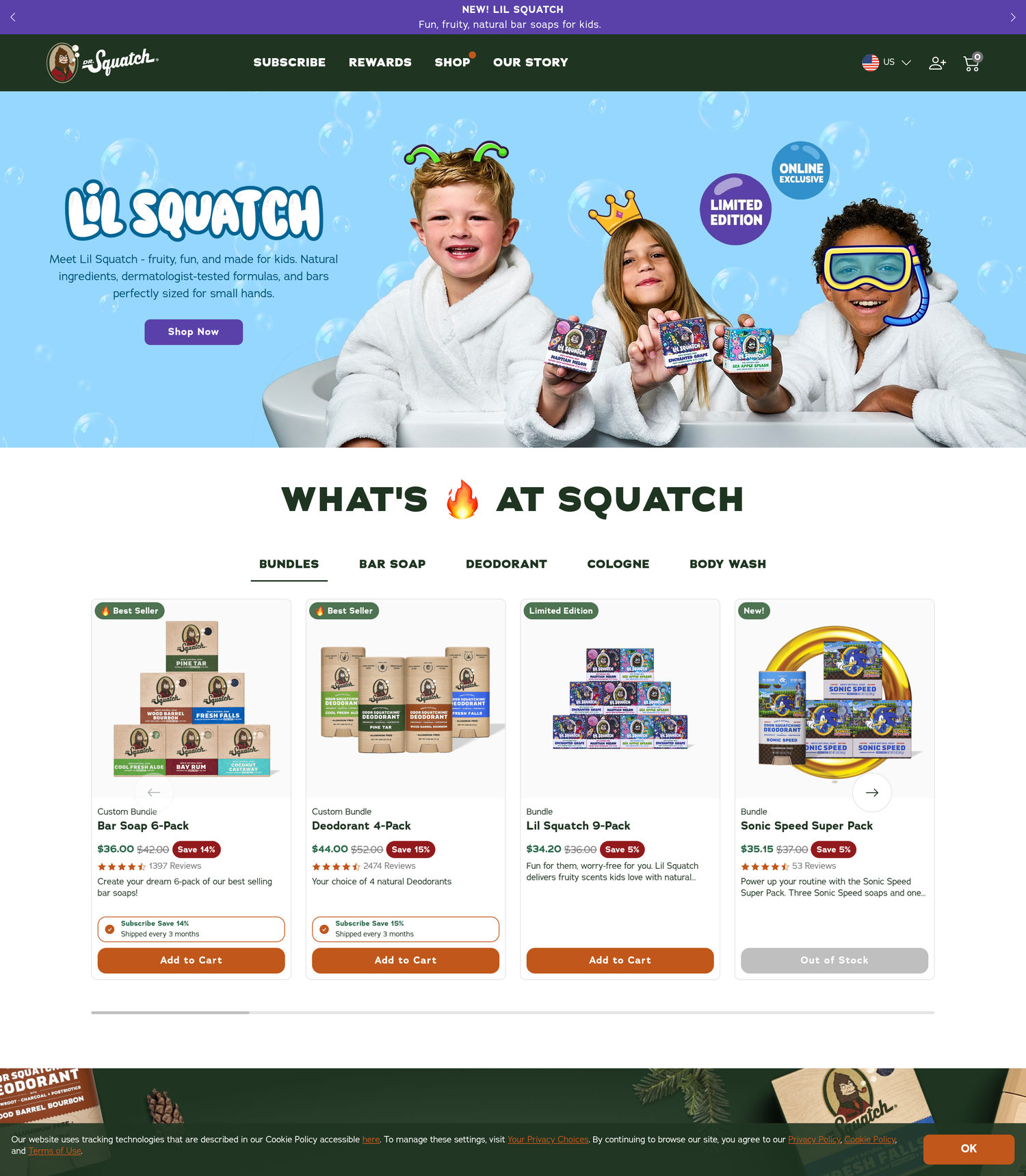 Dr. Squatch homepage: What's hot at Squatch, Bundles tab, 6-pack and 4-pack with subscribe and save