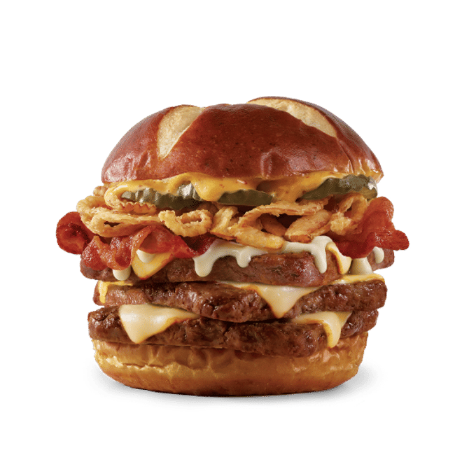 Pretzel Bacon Pub Triple Cheeseburger