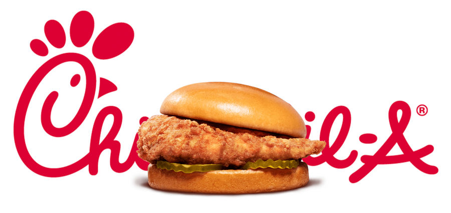 The Original Chick-fil-A Chicken Sandwich in front of the Chick-fil-A logo