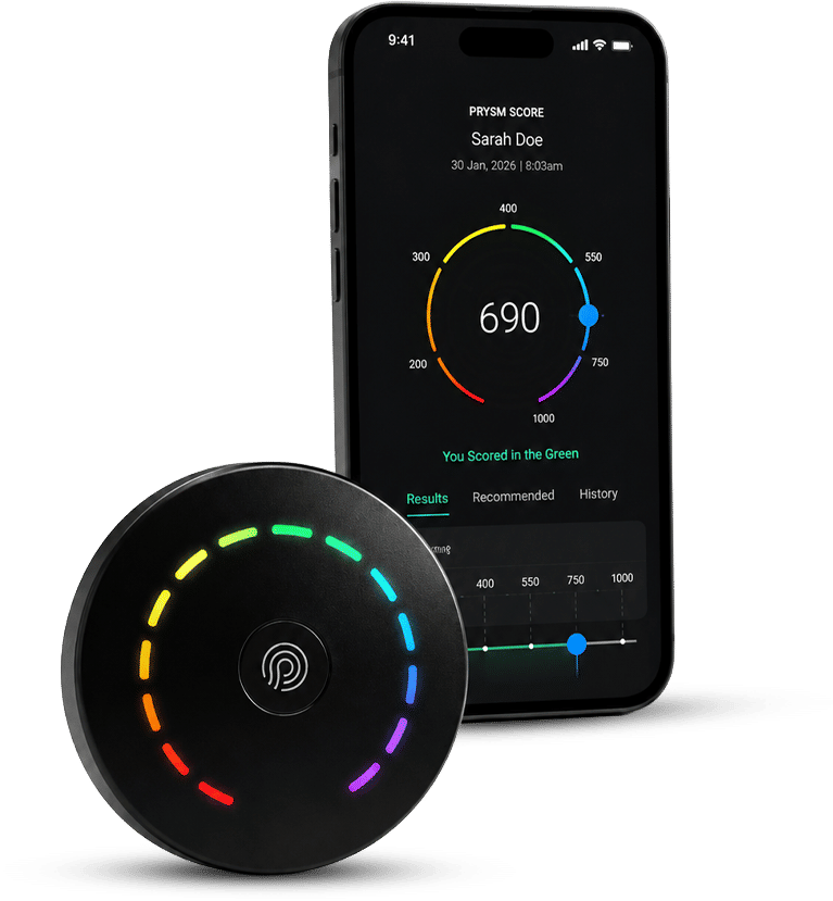 Prysm iO app score screen with device