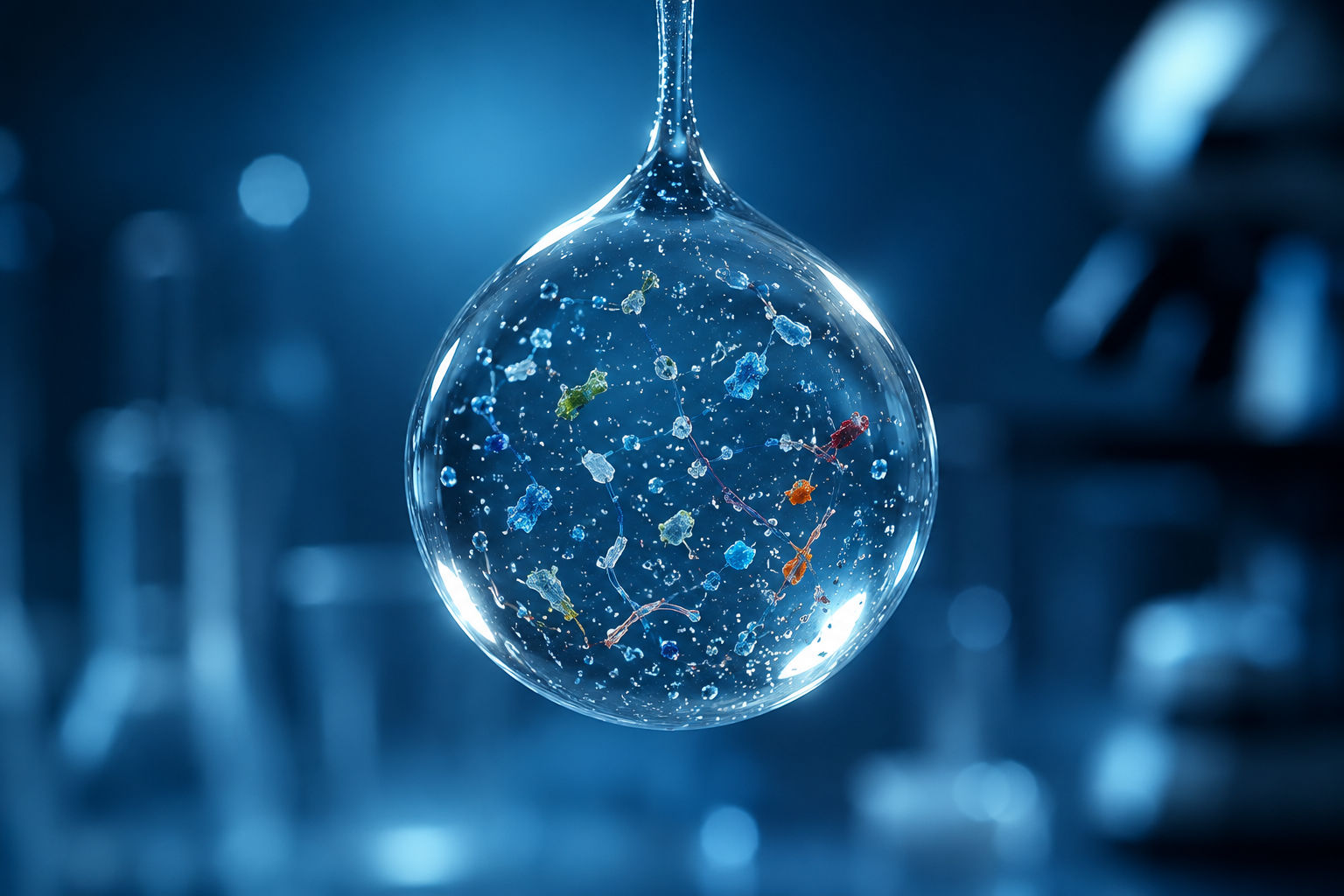 Microplastic particles suspended in a laboratory sample