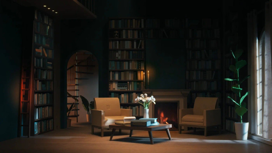 Living room with two armchairs, fireplace, and bookshelves.