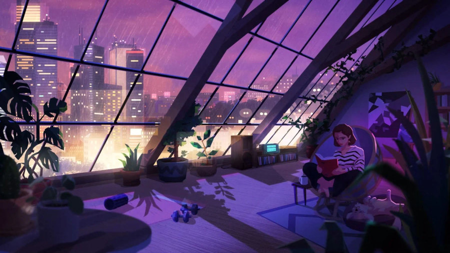 Woman reading in a cozy room with a city view.