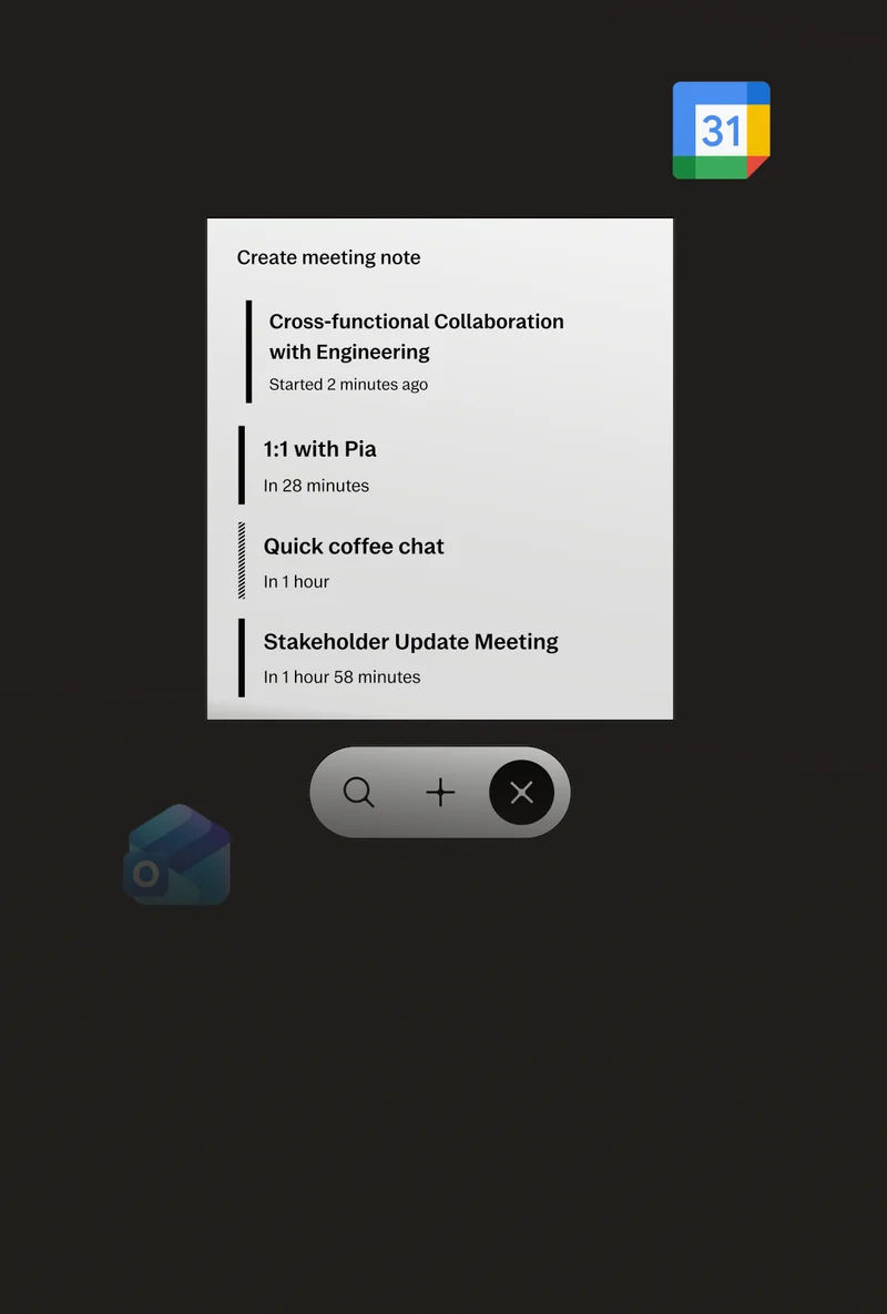 Interface showing calendar meeting notes