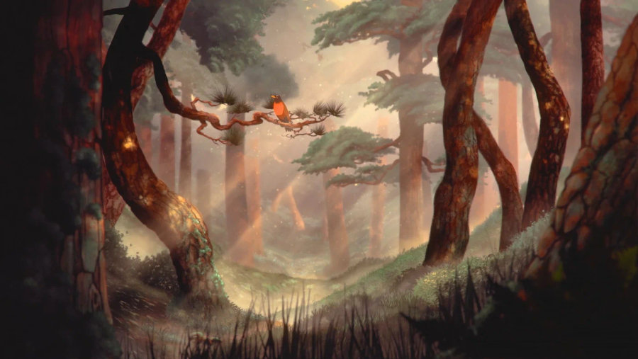 Forest scene with a bird on a tree branch.