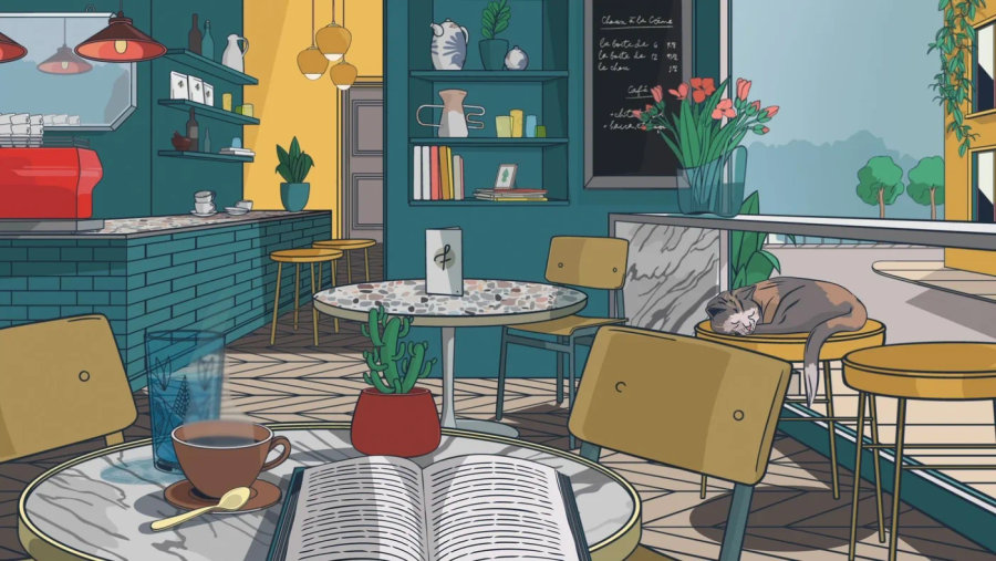 Open book and a cup of coffee on a cafe table.