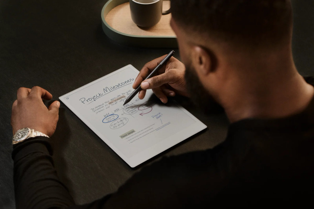 A reMarkable paper tablet showing project milestones, being written on with the Marker.