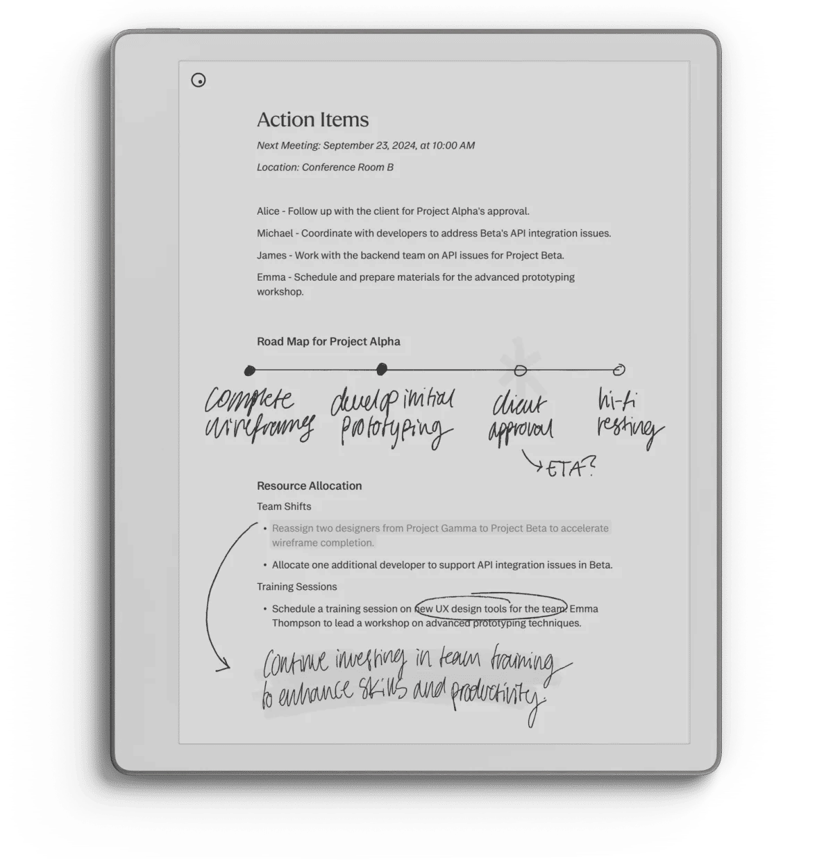 A reMarkable Paper Pure with a document of mixed type and handwriting.