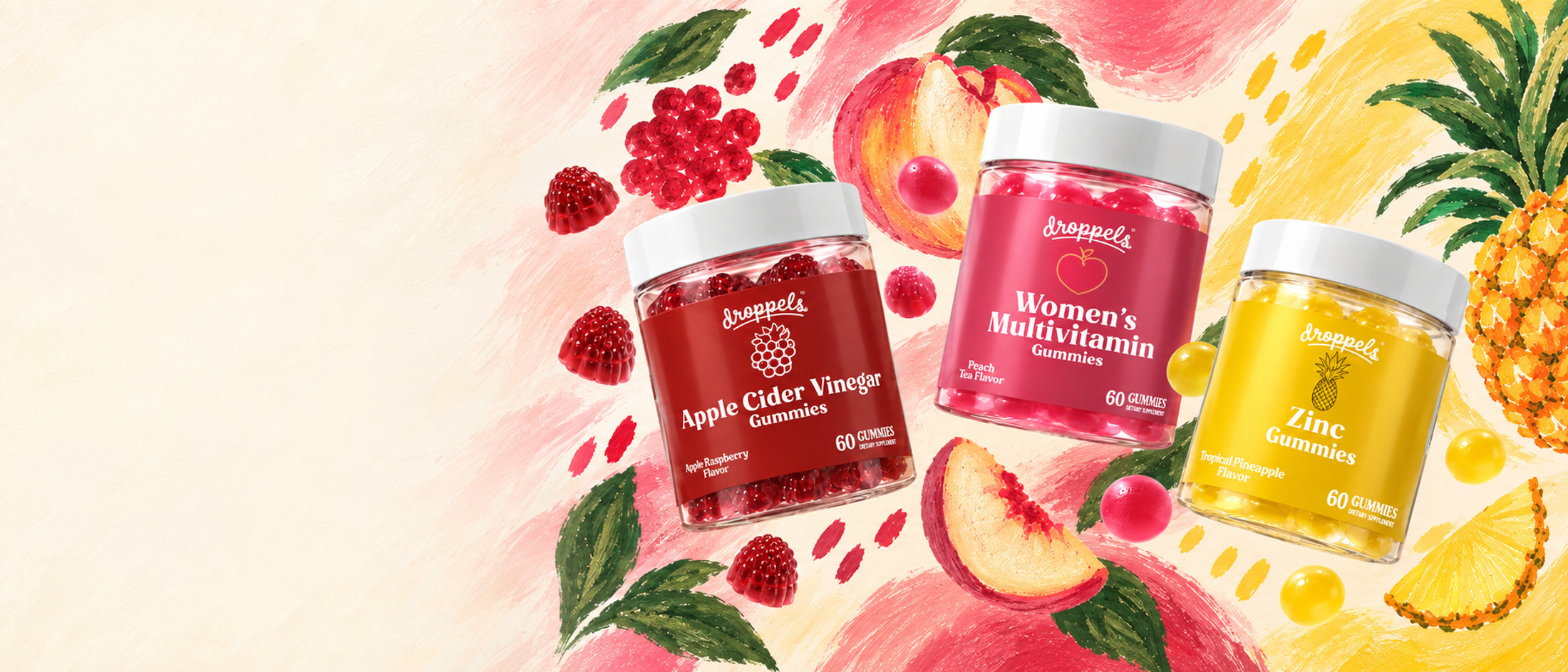 Droppels Apple Cider Vinegar, Women's Multivitamin and Zinc gummies with illustrated fruit