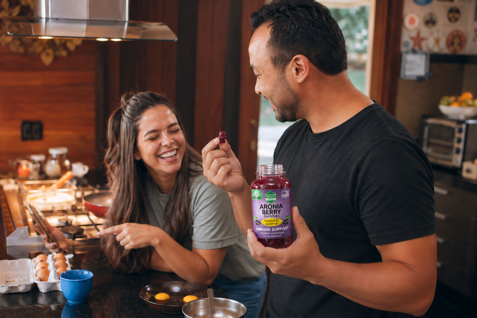 A couple enjoying a moment together in their kitchen