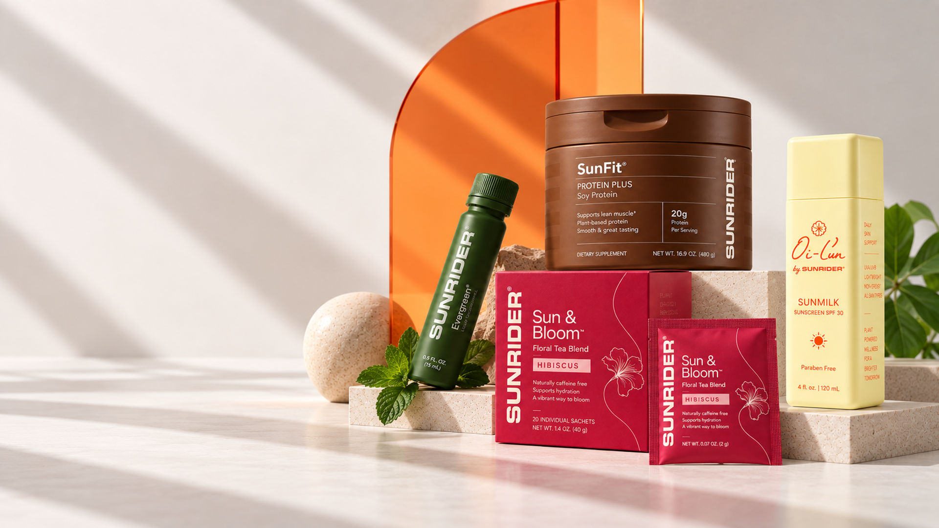 SunFit Protein Plus, Evergreen, Sun & Bloom Hibiscus tea, and Oi-Lin Sunmilk