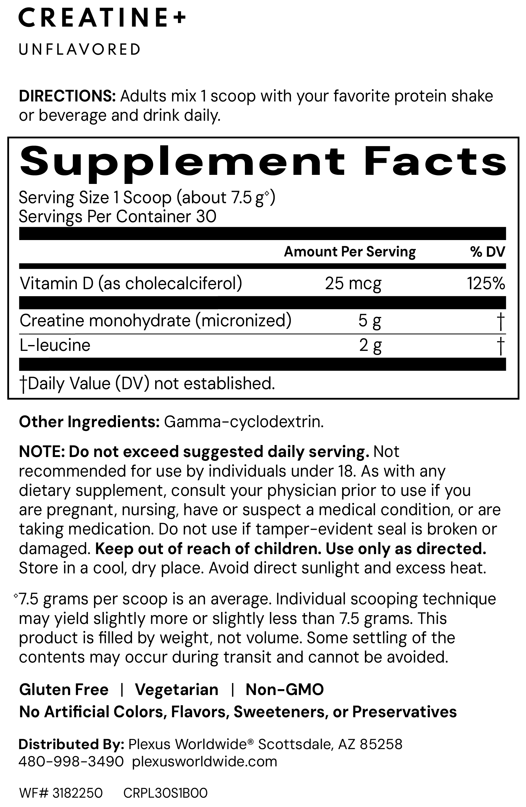 Plexus Creatine + supplement facts label