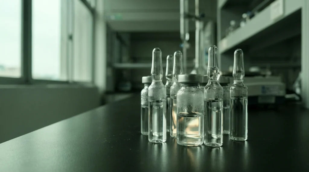 Peptide vials on a lab bench
