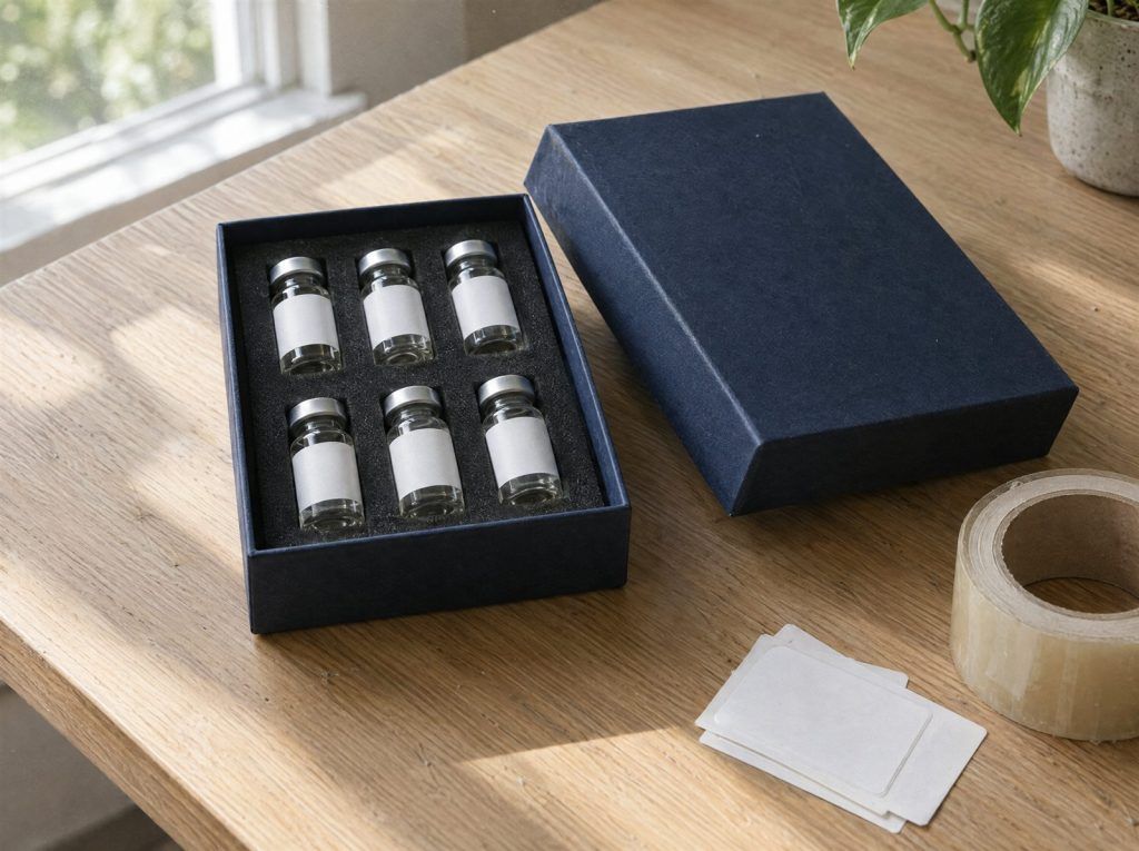 Private label peptide vials in a branded navy box