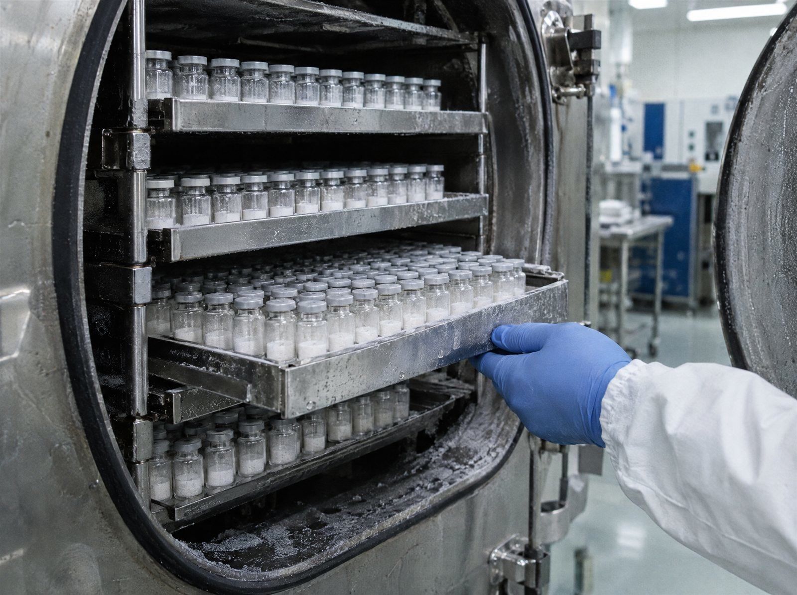 Vials of freeze-dried peptide on a lyophilizer shelf
