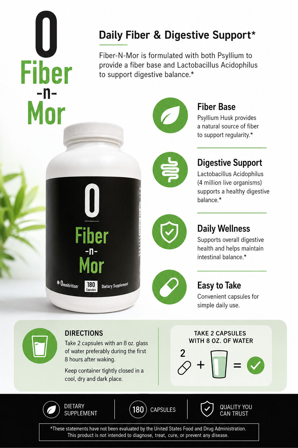 Fiber-N-Mor™ Pills - Digestive Support Supplement with Psyllium Husk Fiber with Lactobacillus Acidophilus Probiotics (180 Capsules) — view 3