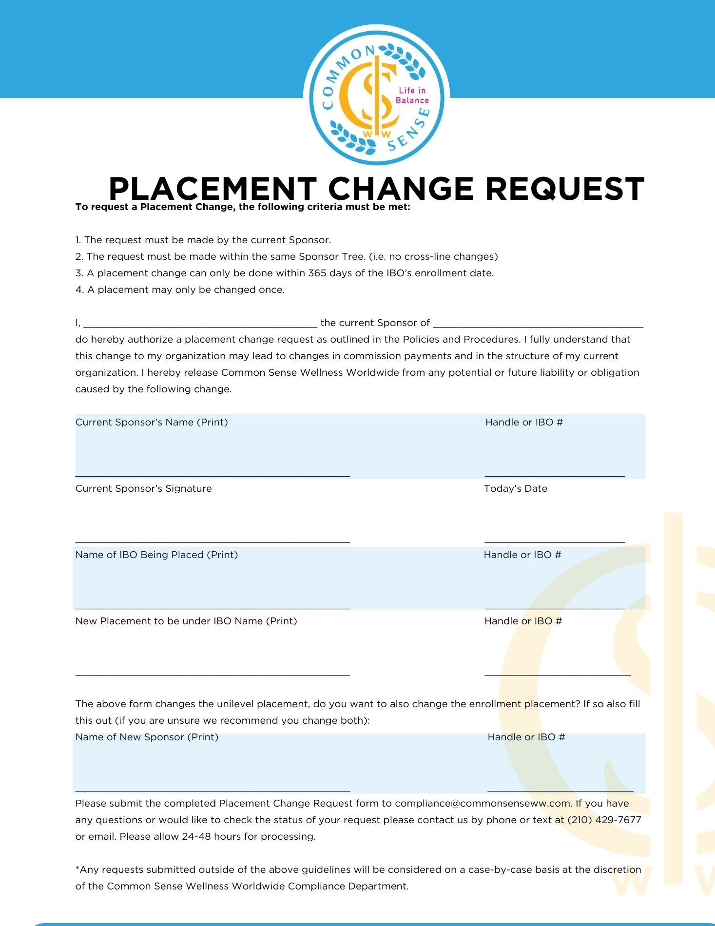 Placement & Sponsor Change Form