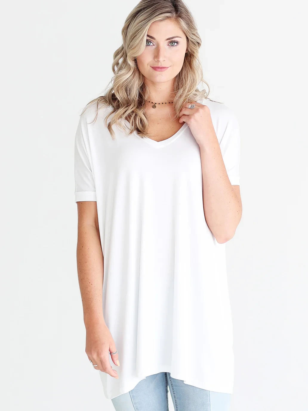 White V-Neck Short Sleeve Tunic