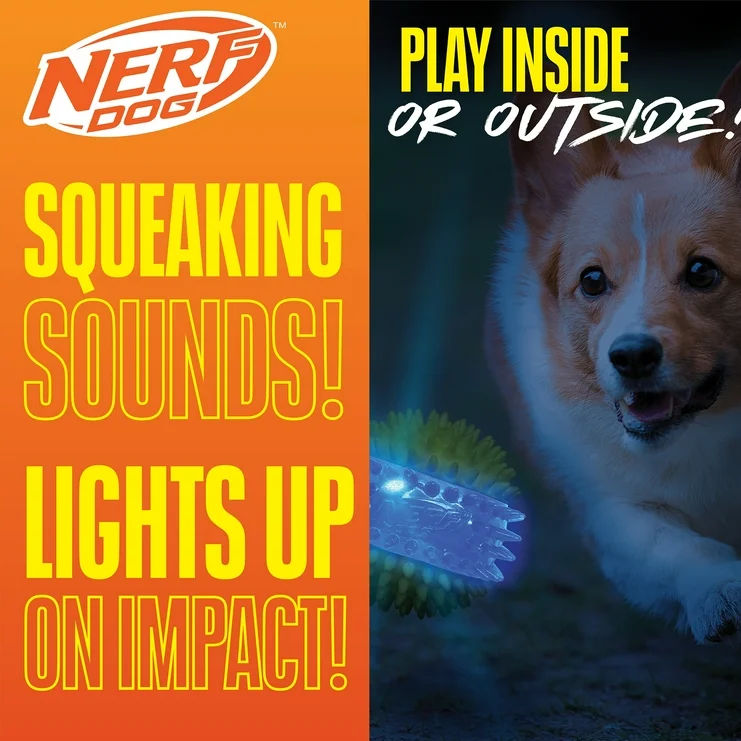 Nerf Dog Translucent TPR 3-Part Spike LED & Squeak Dog Ball Toy